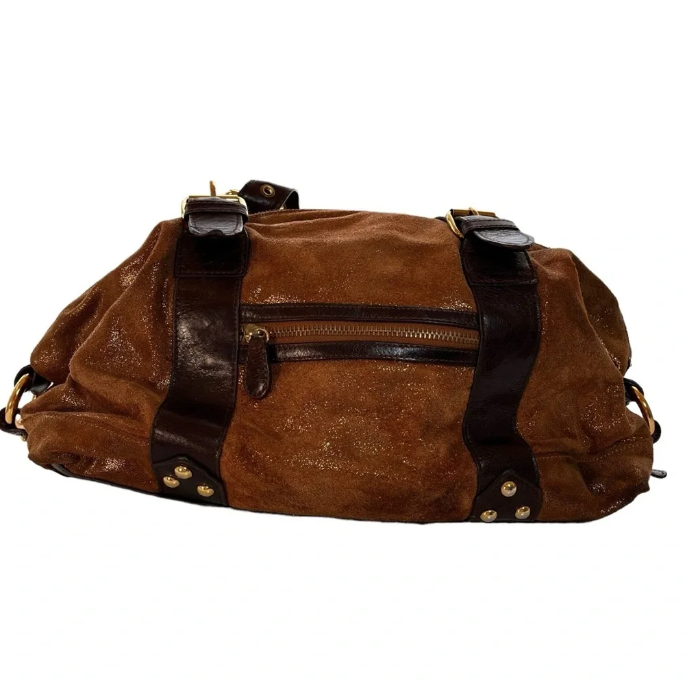 MARCIANO Metallic Brown Kid Skin and Leather Satchel Shoulder Bag Purse PreOwned - Picture 8 of 10